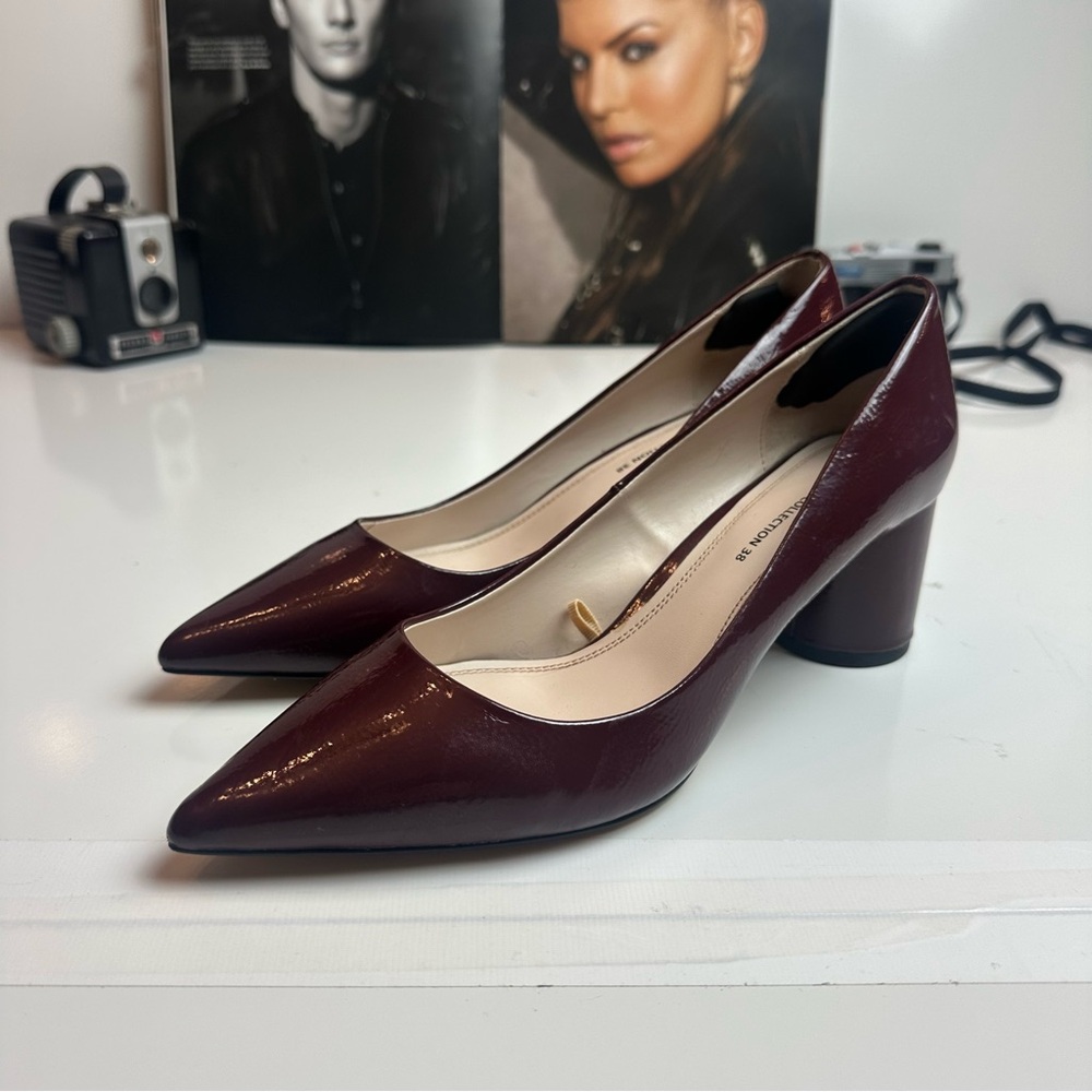 Zara Burgundy Patent Pointed Toe Block Heel Pumps Size 38
